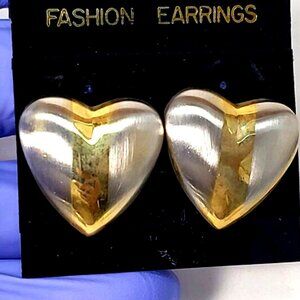 Gold, Silver Dual-Tone Stud Earrings Modern Stripe Design, 1"x1” Fashion Jewelry